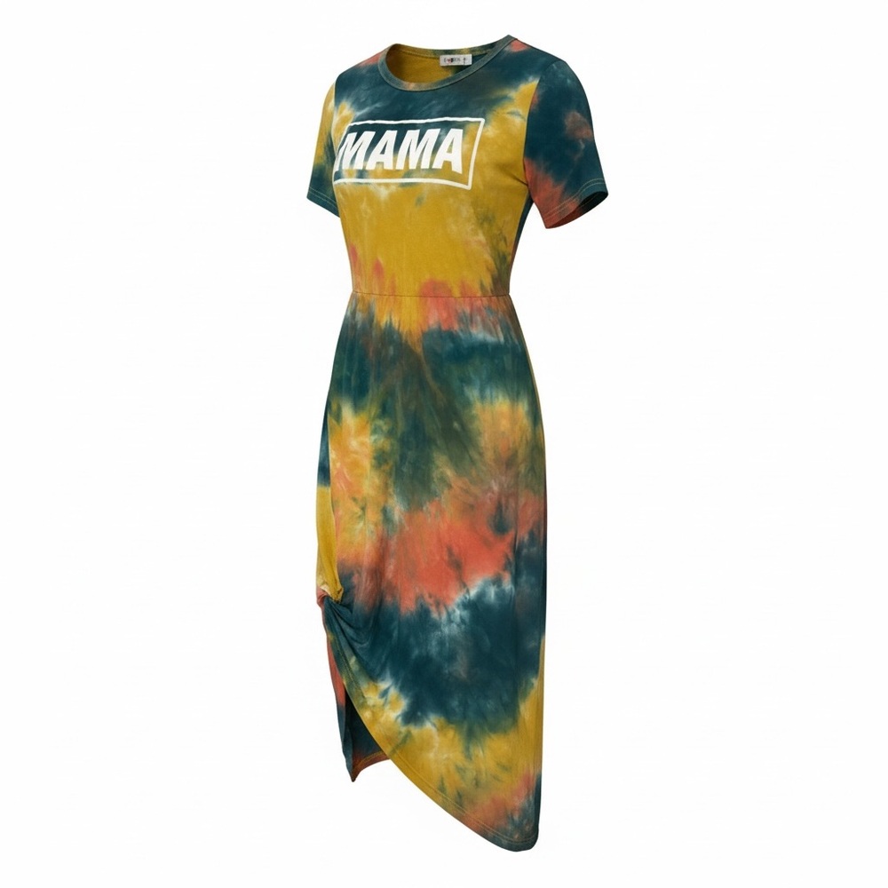Tie-Dye 'MAMA' Short Sleeve Midi Dress in Yellow, Green & Orange